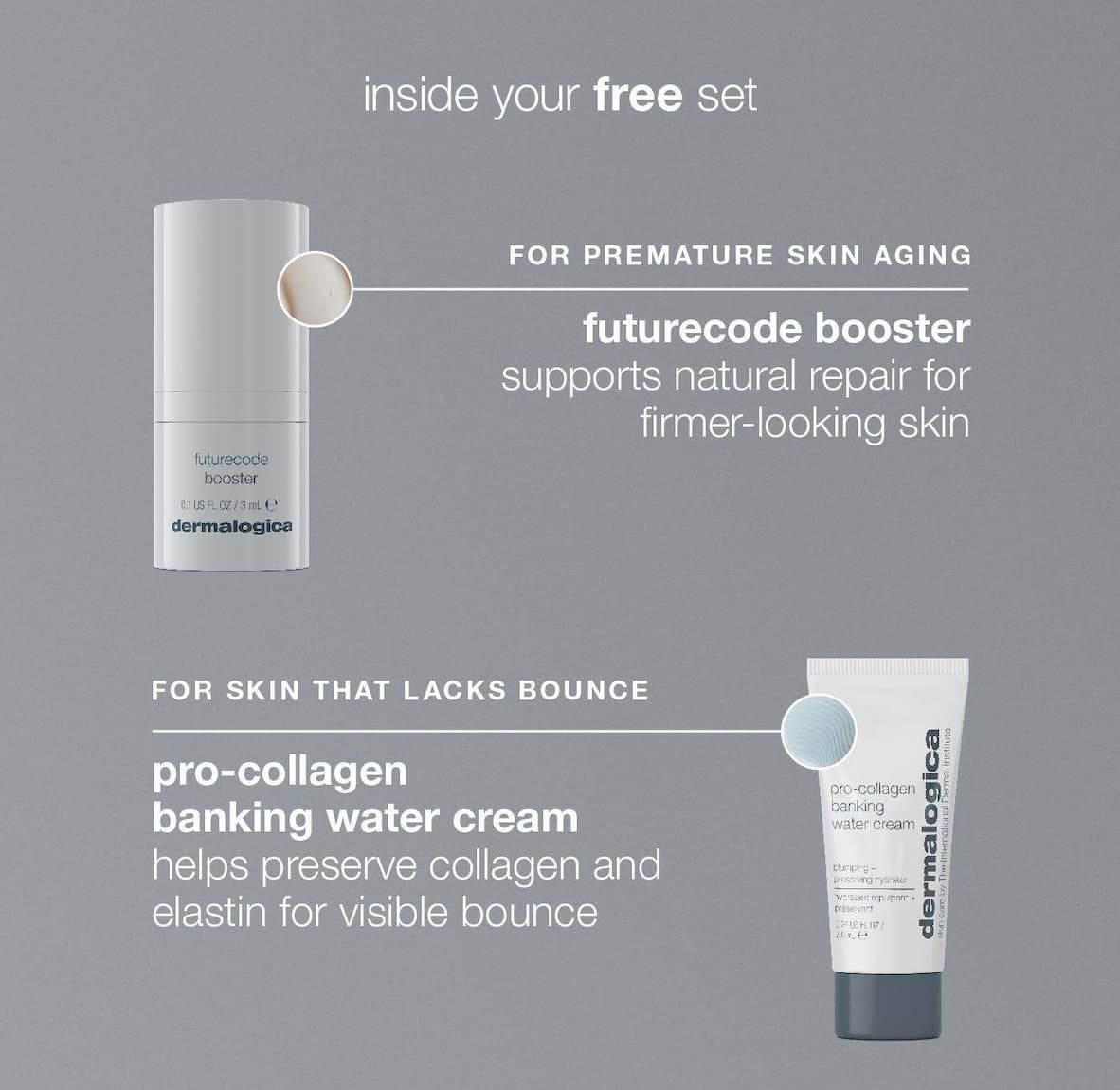 inside your free set​  ​FOR PREMATURE SKIN AGING  ​  futurecode booster ​  supports natural repair for firmer-looking skin​  FOR SKIN THAT LACKS BOUNCE ​  pro-collagen banking water cream ​  helps preserve collagen and elastin for visible bounce ​