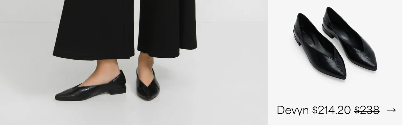 The Devyn Flats feature elongated pointed toes, angular V-shaped openings, and subtle low heels, a sleek $214.20 pair.