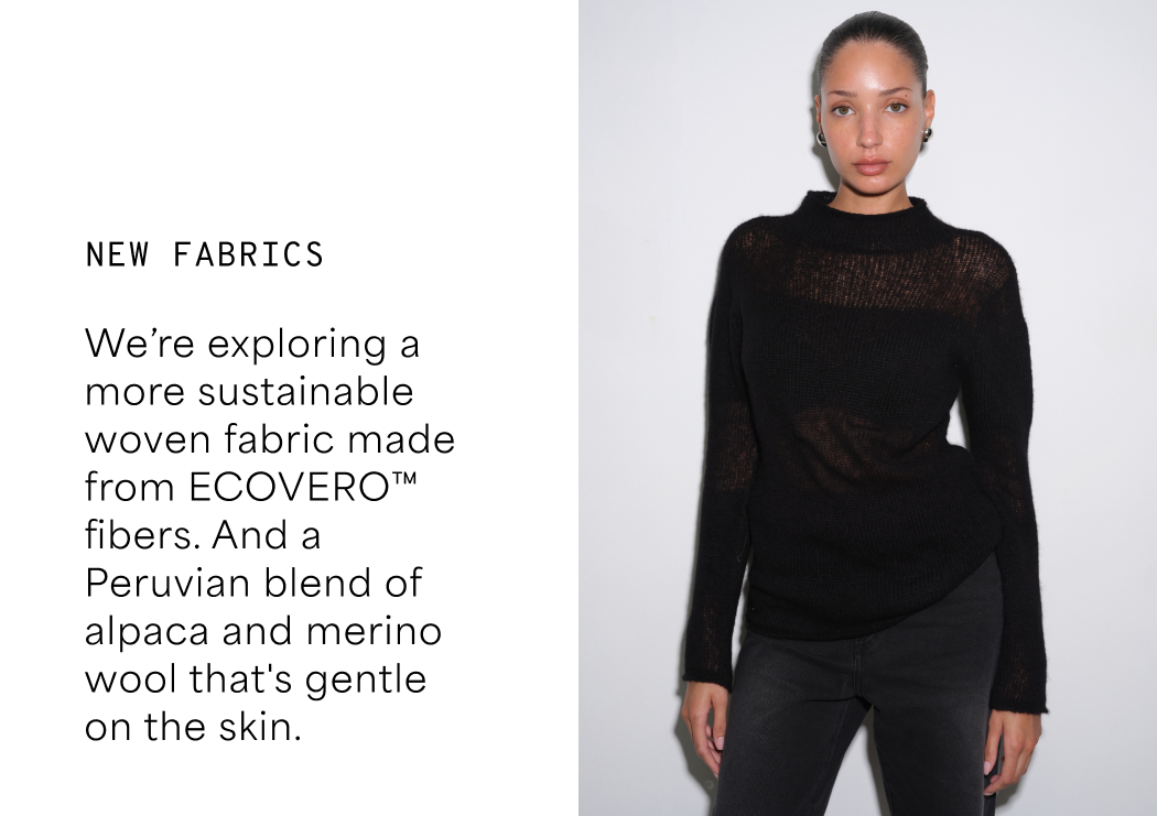 Carmel wears a sheer black Delphine Sweater beside text introducing a new alpaca and merino wool blend for the season.