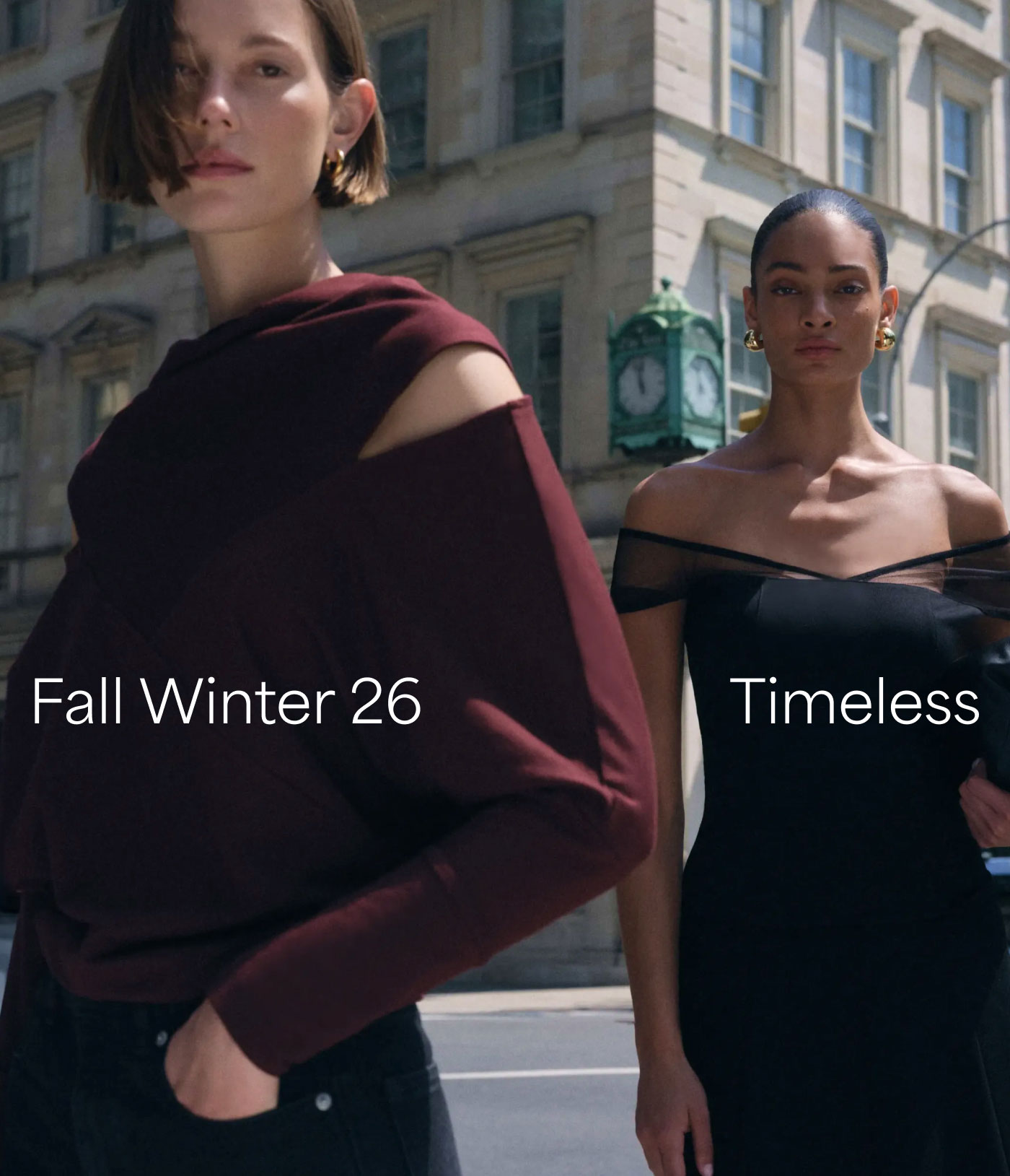 Mali in a burgundy Apex Top and Aliza in a black Marlis Top pose on a city street in Fall/Winter 2026 looks, with texts “Fall Winter 26” and “Timeless” overlaid.