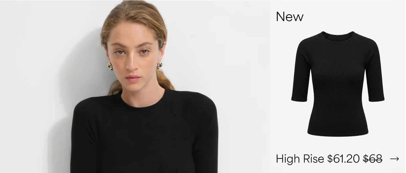 The High Rise Top is a fitted black crewneck top with a streamlined silhouette, raglan-style shoulders, and elbow-length sleeves, available for $61.20.