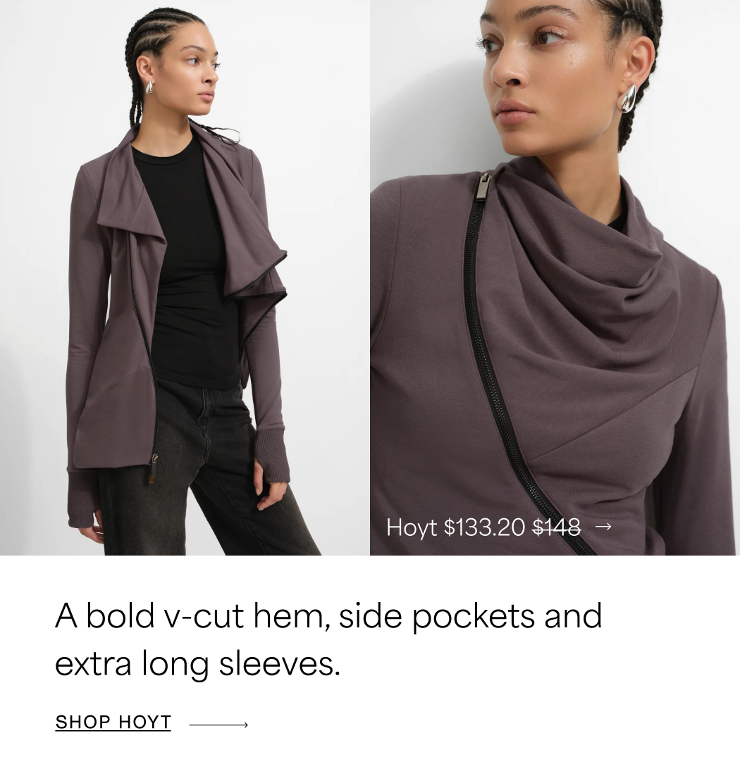 Two views of Aliza wearing an anthracite Hoyt Jacket with a draped collar and diagonal zipper over a black top and dark jeans, with text reading “A diagonal zip, and suddenly it’s outerwear.”, priced at $133.20, originally $148. SHOP HOYT →