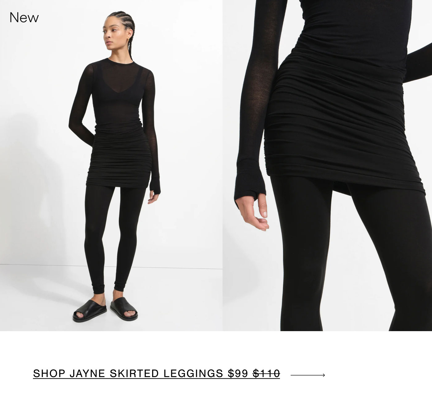 Aliza wears a sheer black Mara Top with a ruched black Jayne Skirted Leggings, shown in a full-length view alongside a close-up of the gathered skirt detail. | SHOP JAYNE SKIRTED LEGGINGS $99 →