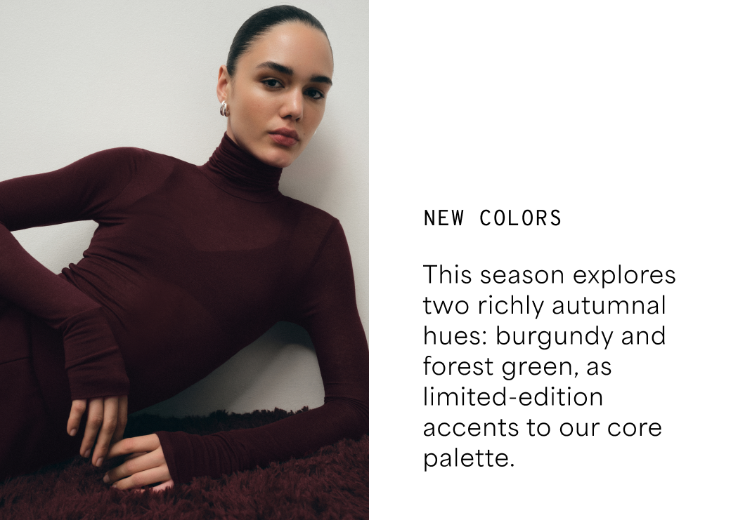 Mily poses in a fitted a burgundy Eloise Ribbed Turtleneck beside text introducing the season’s new autumnal colors, burgundy and forest green.