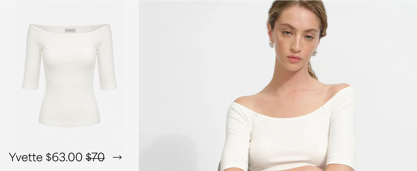 The Yvette Top has a fitted silhouette with a wide neckline and slim elbow-length sleeves, offered at $63.