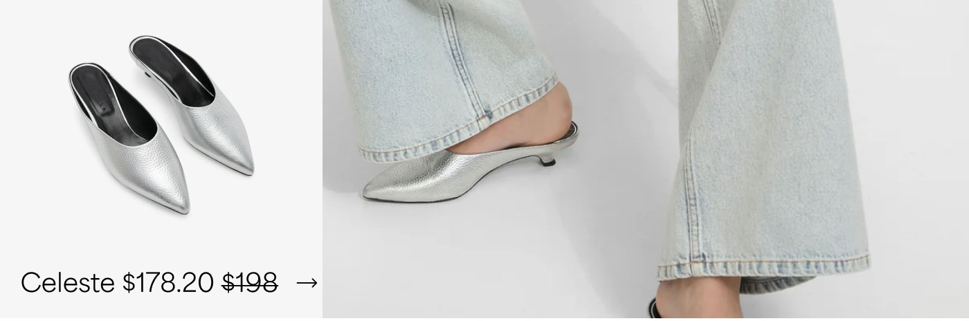 The Celeste Mules have sharply pointed toes, open backs, and low sculpted heels, available at $178.20.