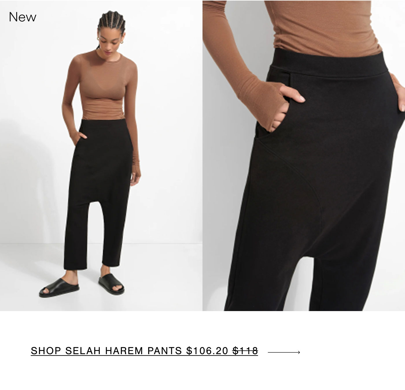 Aliza wears a fitted chestnut Mara Top with thumbhole cuffs and black Selah Harem Pants, shown beside a close-up highlighting the pants’ waistband and angled pocket. | SHOP SELAH HAREM PANTS $106.20 →