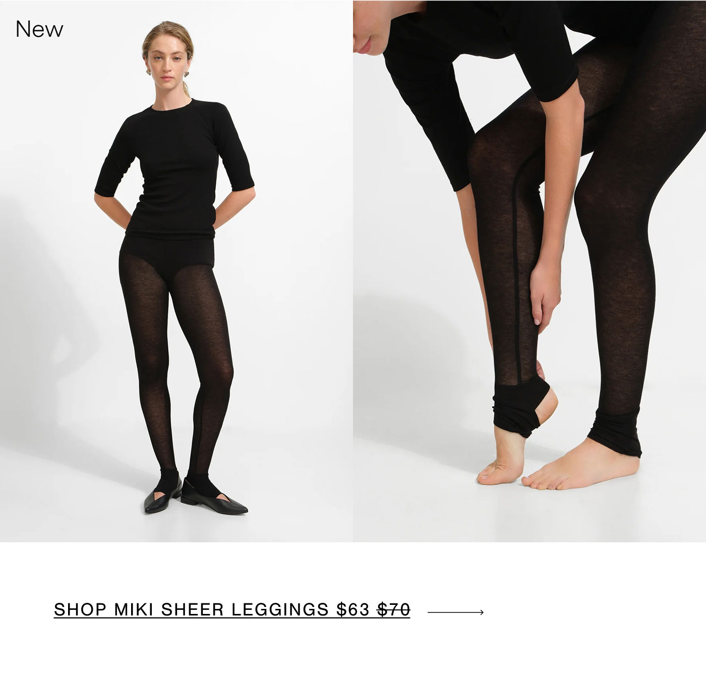 Sophie wears a fitted black High Rise Top with sheer black Miki Sheer Leggings, shown alongside a close-up highlighting the leggings’ semi-sheer texture and stirrup hems. | SHOP MIKI SHEER LEGGINGS $63 →