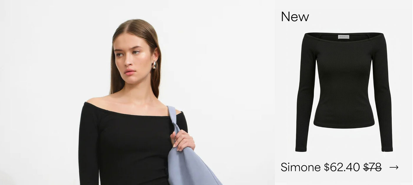 The Simone Top is a $62.40 black fitted top with long sleeves and a wide off-the-shoulder neckline that creates a clean, minimal silhouette.