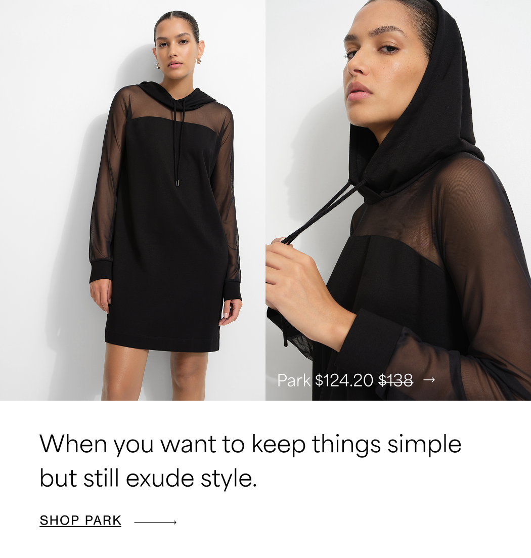 Two views of Astrid wearing a black Park Hoodie Dress with sheer mesh sleeves and upper panel, including a close-up with the hood up, with text reading “A hood, for weather that keeps changing its mind.”, priced at $124.20, originally $138. SHOP PARK →