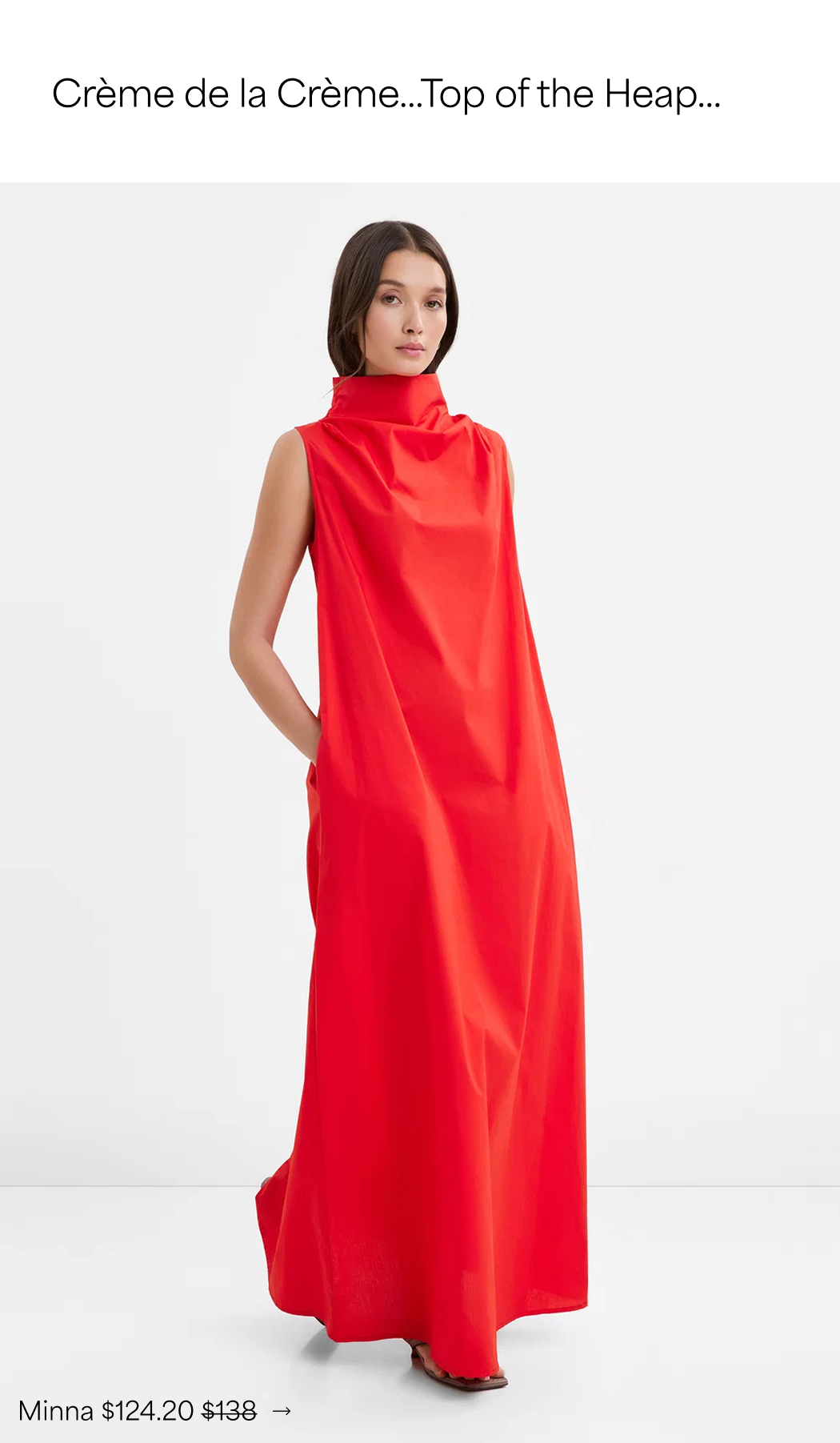 Yada wears a red Minna Sleeveless Dress with a sculptural high neckline, and priced at $124.20, originally $138.