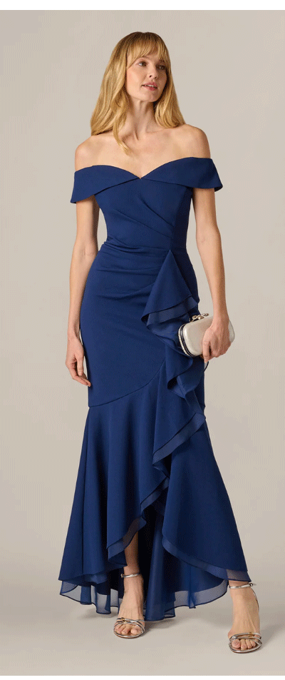 Off Shoulder Stretch Crepe Draped Gown In Navy Sateen