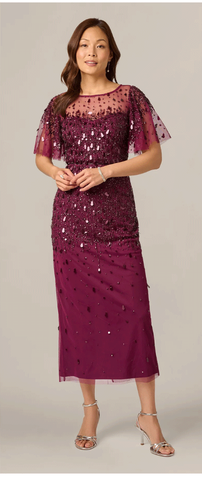Flutter Sleeve Sequin Beaded Midi Dress In Bordeaux