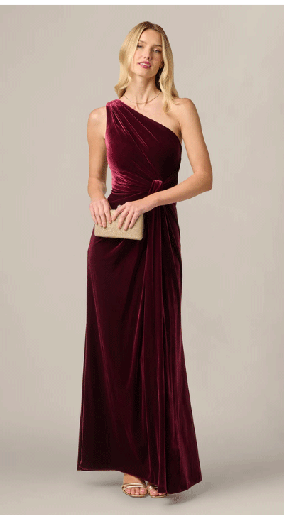 One Shoulder Stretch Velvet Twist Knot Draped Gown In Bordeaux