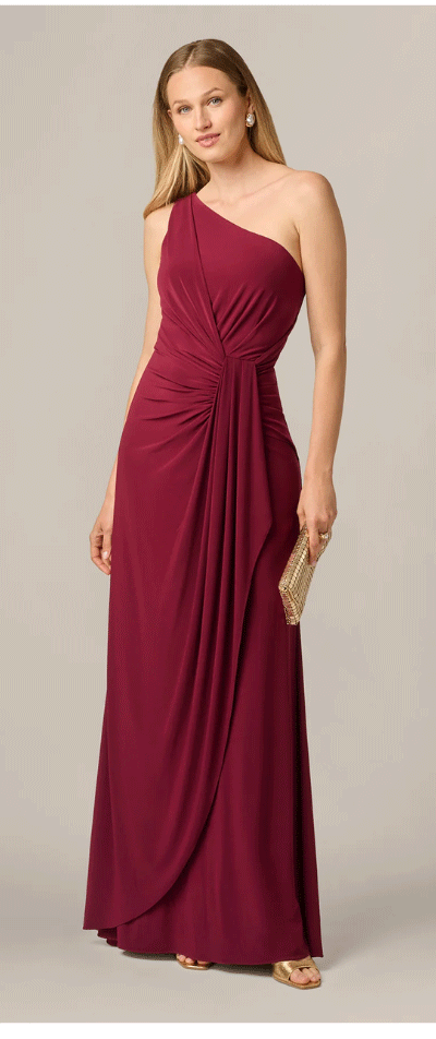 One Shoulder Dress With Draped Waist Detail In Red Wine