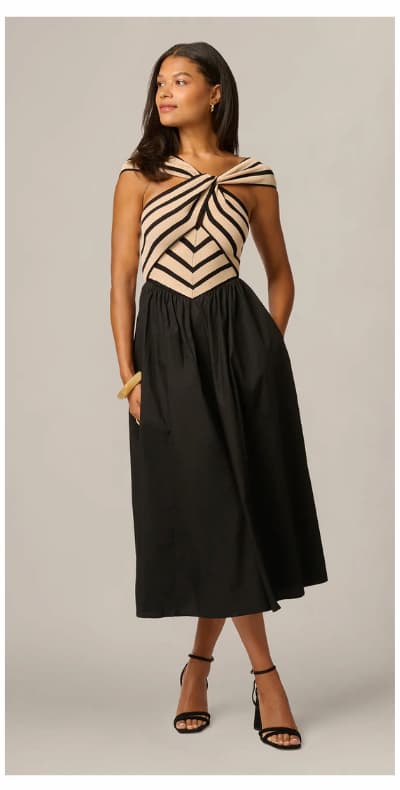 Off Shoulder Chevron Cotton Combo Midi Dress In Black Ecru