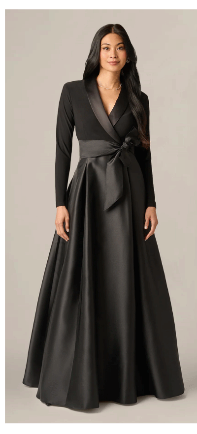 Long Sleeve Sash Belt Tuxedo Combo Gown In Black