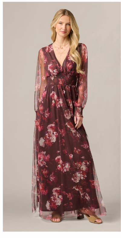 Bishop Sleeve Floral Mesh Maxi Dress In Brown Multi