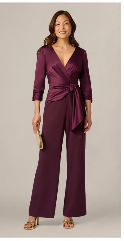 Satin Crepe Three Quarter Sleeve Jumpsuit With Buckle Waist In Bordeaux Glow
