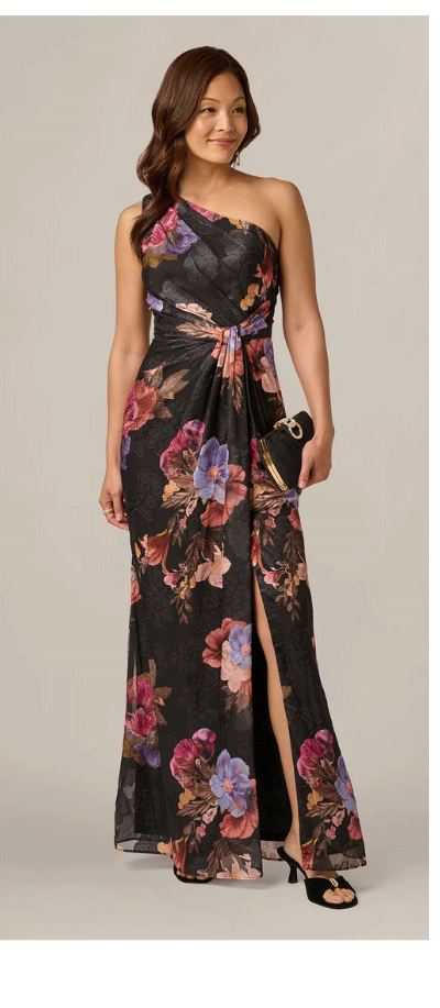 One Shoulder Knot Waist Floral Chiffon Gown In Black Multi