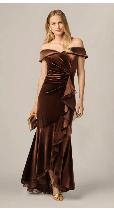 Off The Shoulder Velvet Mermaid Gown With Organza Ruffle In Dark Brown