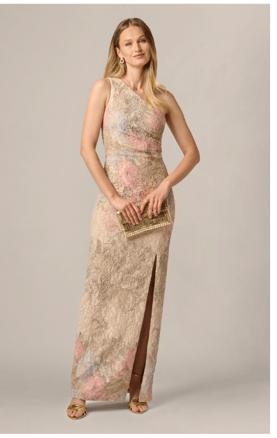 One Shoulder Floral Matelasse Column Gown In Blush Multi