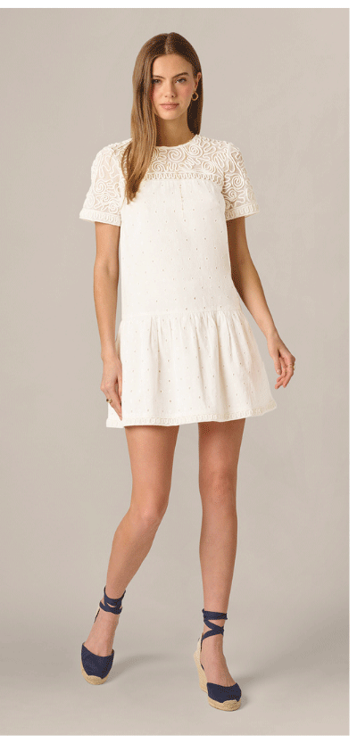 Short Sleeve Drop Waist Cotton Eyelet Shift Dress In Ivory