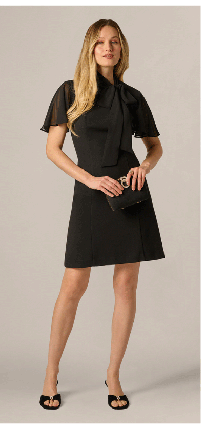 Flutter Sleeve Tie Neck Stretch Short Dress In Black