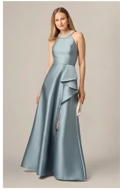 Beaded Halter Draped Mikado Gown In Icy Opaline