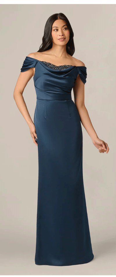 Off Shoulder Beaded Sweetheart Satin Gown In Dark Navy