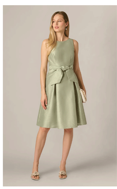 Dupioni Tie Front Fit And Flare Dress In Sage