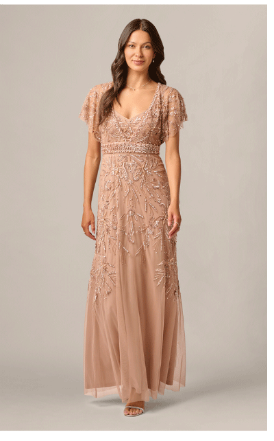 Short Sleeve Botanical Beaded Gown In Rose Gold