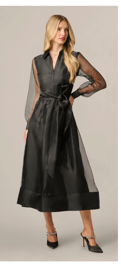 Long Sleeve Organza Collared Ankle Length Midi Dress In Black