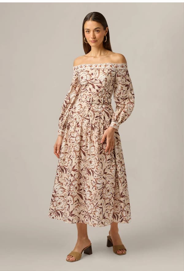 Long Sleeve Off Shoulder Floral Print Cotton Dress In Ecru Chocolate
