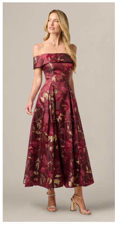 Off Shoulder Metallic Jacquard Midi Dress In Burgundy Gold