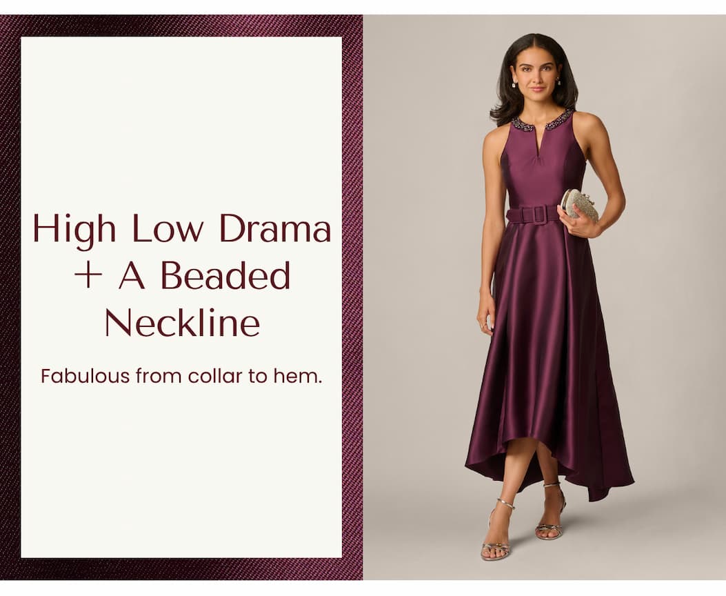 Beaded Collar Mikado Fit And Flare High Low Gown In Pinot Noir