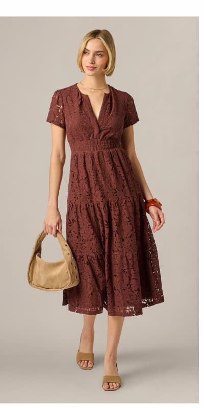 Short Sleeve Lace Tiered Sophia Dress In Chocolate
