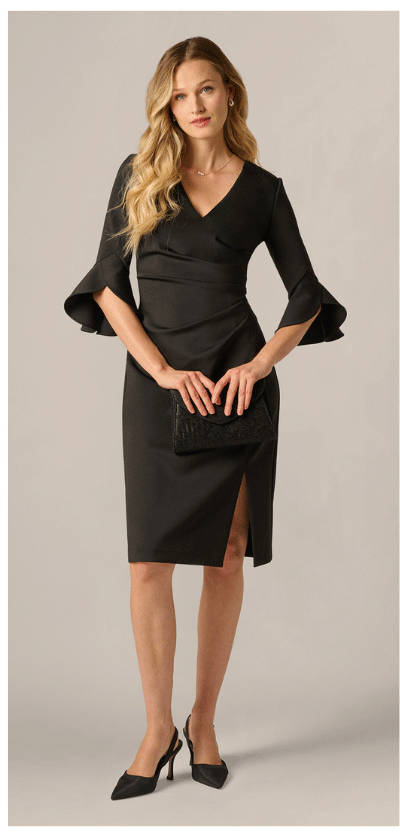 Three Quarter Sleeve Faux Wrap Midi Dress In Black