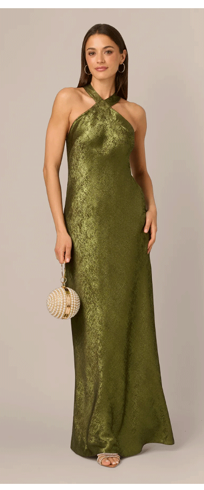 Foiled Mermaid Gown With Halter Neckline In Dark Olive