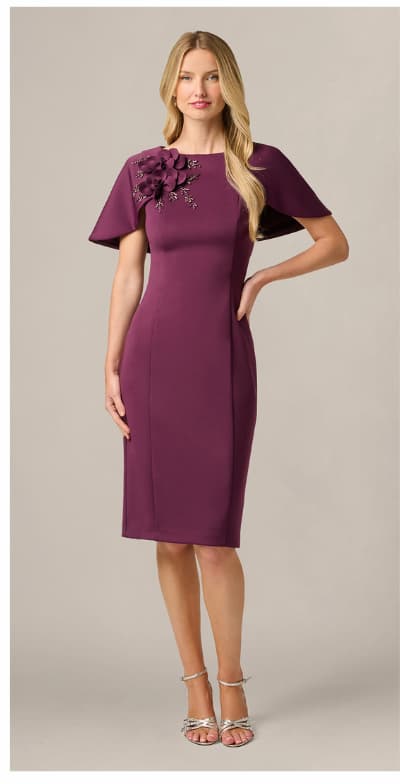 Cape Sleeve 3D Floral Stretch Sheath Dress In Pinot Noir