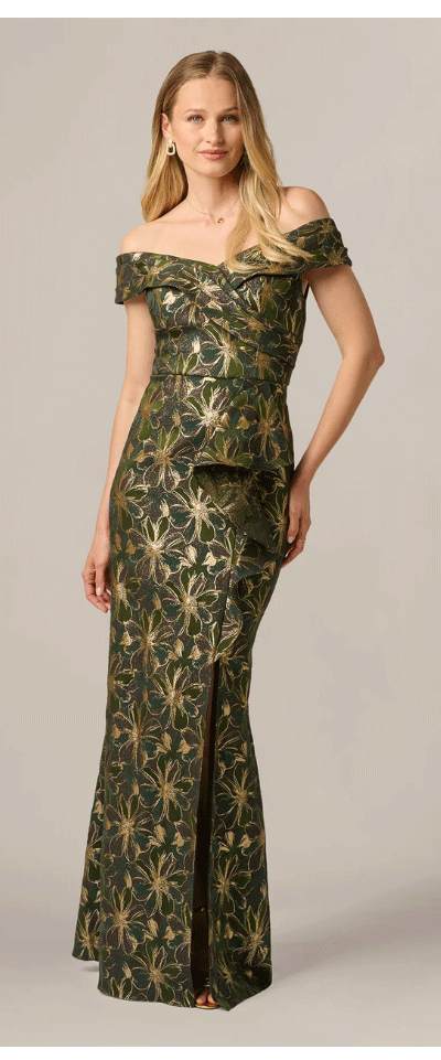 Off Shoulder Jacquard Gown In Olive Gold