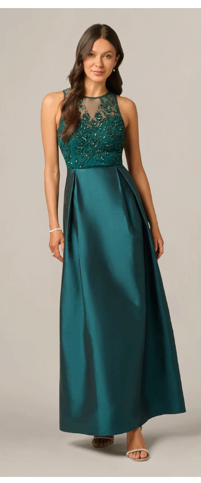 Sleeveless Taffeta Ball Gown With Beaded Bodice In Gem Green
