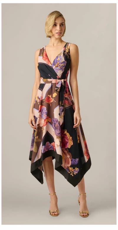 Floral Print Handkerchief Midi Dress In Black Multi