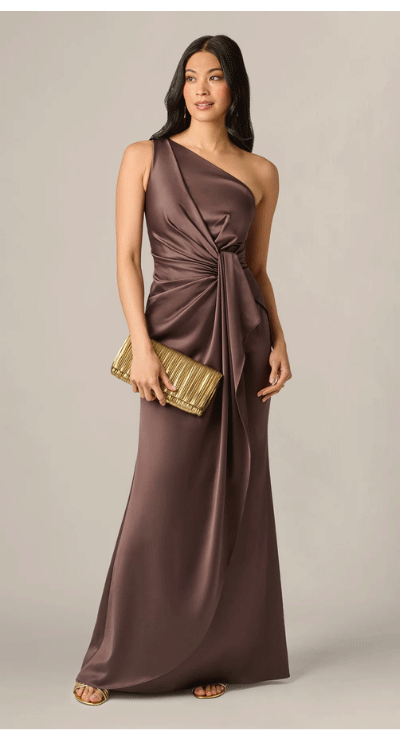 One Shoulder Draped Knot Waist Satin Gown In Dark Brown
