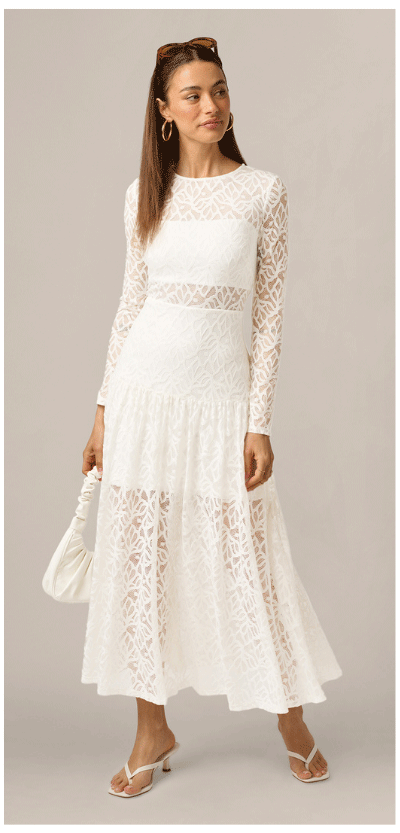 Long Sleeve Stretch Lace Illusion Midi Dress In Ivory