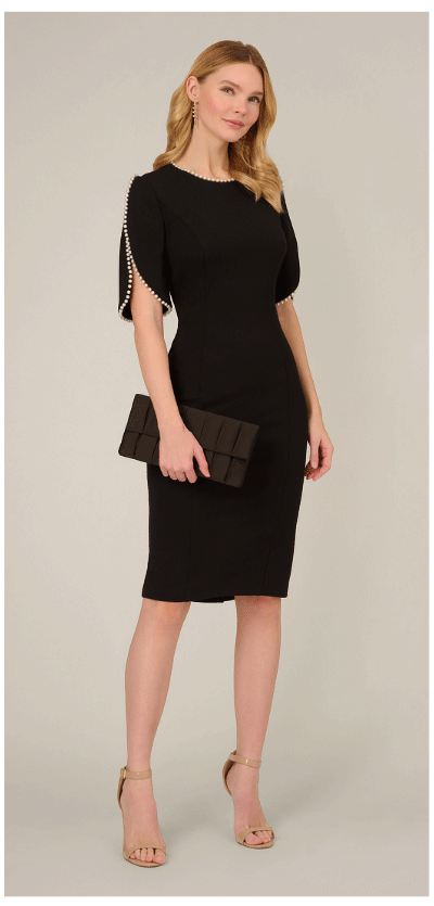 Crepe Midi Length Sheath Dress With Pearly Trim In Black