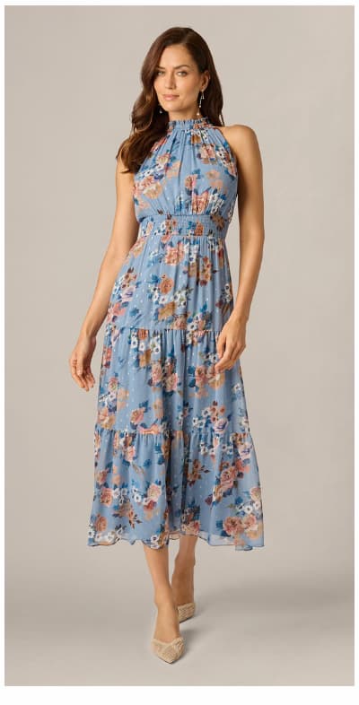 Floral Meta Chiffon Tiered Halter Midi Dress In Blue Multi
