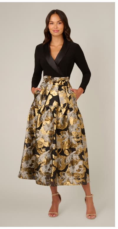 Petite Combo Floral Jacquard Dress In Black Gold
