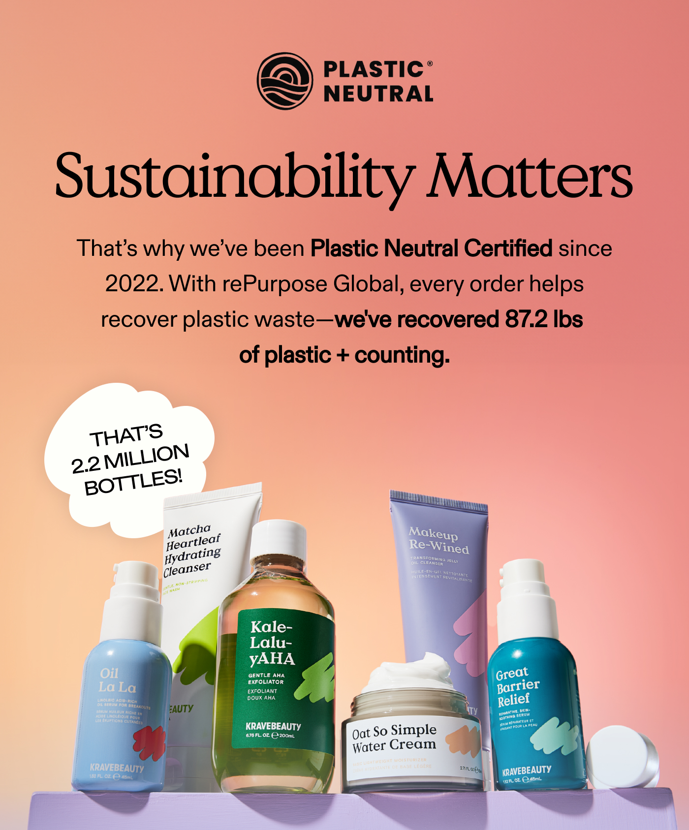 Sustainability Matters.  That's why we've been Plastic Neutral Certified since 2022. With rePurpose Global, every order helps recover plastic waste-we've recovered 87.2 lbs of plastic + counting. That's 2.2 million bottles!