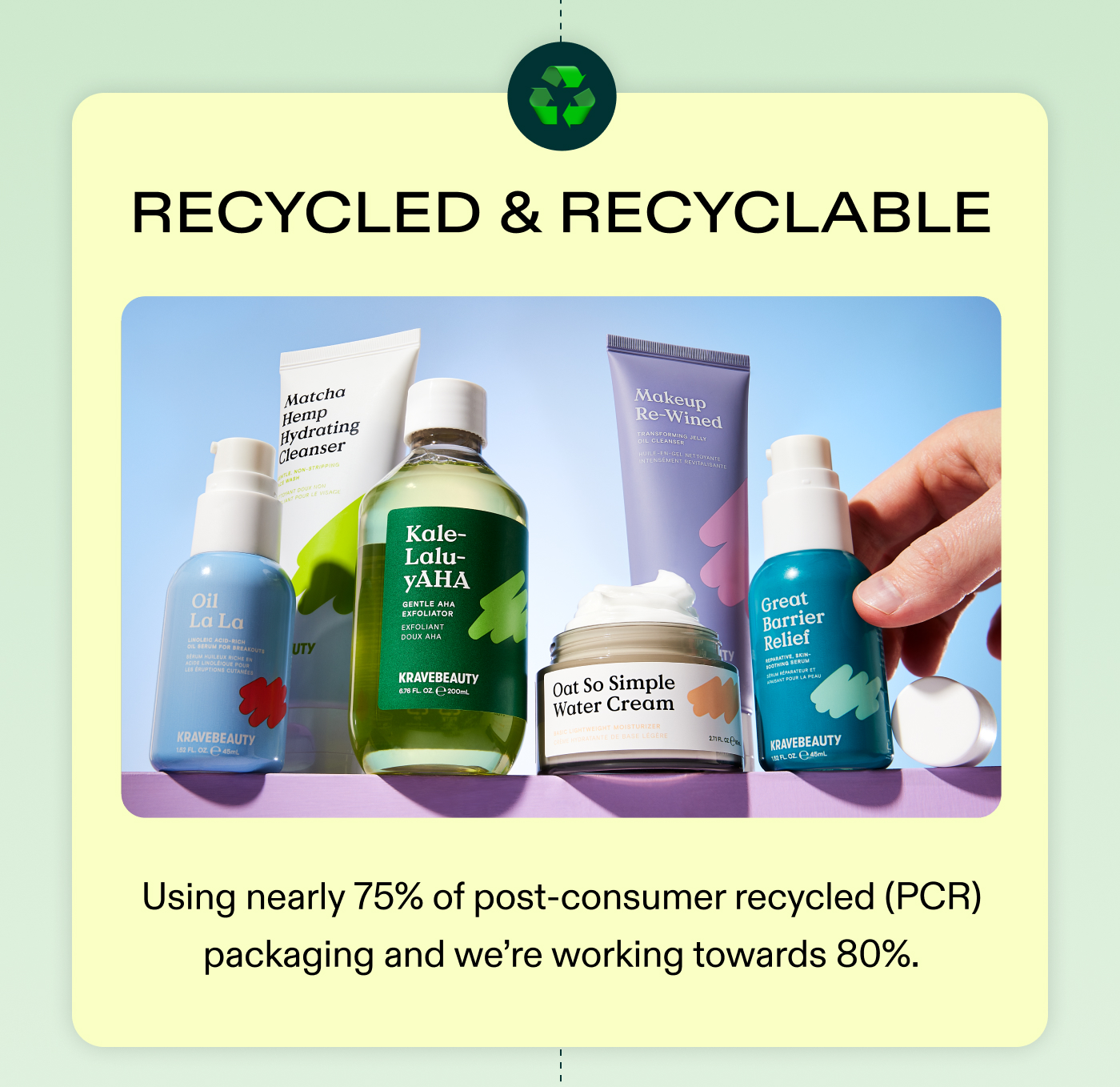 ♻️ Recycled & Recyclable: Using nearly 75% of post-consumer recycled (PCR) packaging-and we're working towards 80%.